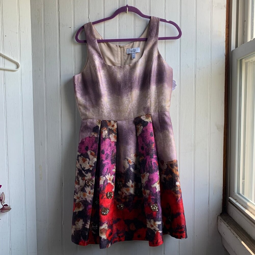 Belle Badgely Mischka Pink Purple Floral Sequin Gold Wash A Line Layla Dress -10